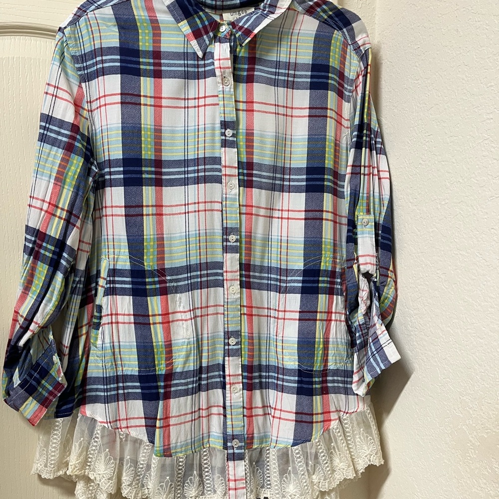 Umgee Plaid Button-Up Shirt with Lace Hem